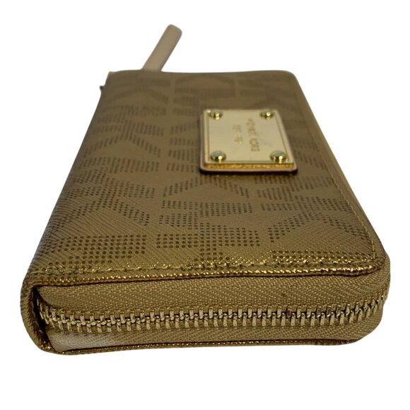 MICHAEL KORS MK Logo Gold Leather Zip Around Jet Set Wallet Wristlet Clutch - Picture 5 of 10